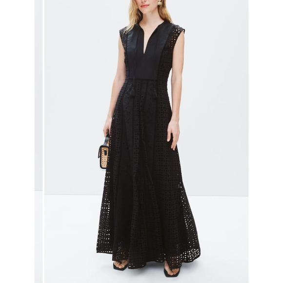 Veronica Beard Black Eyelet Maxi Dress SIZE 4 Cottage Fit n Flare Designer $700